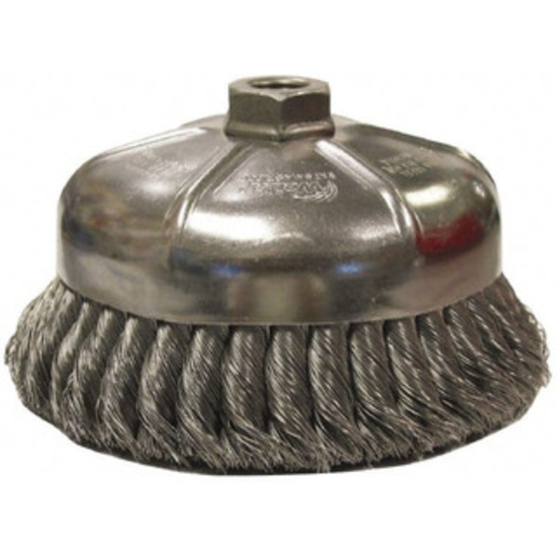 Weiler Abrasives 3-1/2 Diam 5/8-11 Threaded Arbor Steel Fill Cup Brush Knotted Wire, 0.02 Wire Diam, 1-1/4 Trim, 9,000 Max RPM 12746 – 75847228