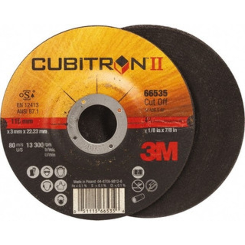 3M 36 Grit, 4-1/2 Wheel Diam, 1/8 Wheel Thickness, 7/8 Arbor Hole, Type 27 Depressed Center Wheel Ceramic, Resinoid Bond, S Hardness, 13,300 Max RPM 00051115665356 – 81679706