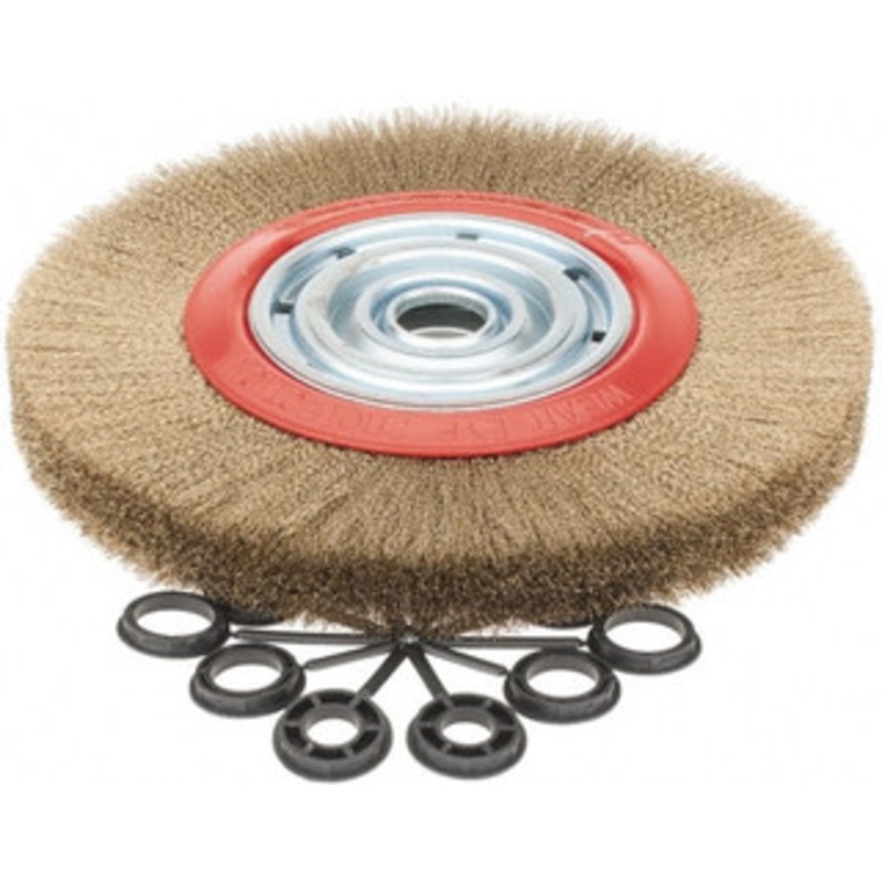 Value Collection 12 OD, 1-1/4 Arbor Hole, Crimped Brass-Coated Steel Wheel Brush 1-3/16 Face Width, 2-3/8 Trim Length, 0.007 Filament Diam, 3,000 RPM S04064986 – 04064986