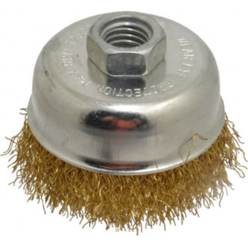 Value Collection 2-3/4 Diam 5/8-11 Threaded Arbor Brass Fill Cup Brush Crimped Wire, 0.014 Wire Diam, 7/8 Trim, 12,500 Max RPM 0107058335 – 74038134