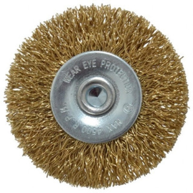Value Collection 2 OD, 1/4 Shank Diam, Crimped Brass-Coated Steel Wheel Brush 9/32 Face Width, 3/8 Trim Length, 0.015 Filament Diam, 4,500 RPM S04065181 – 04065181