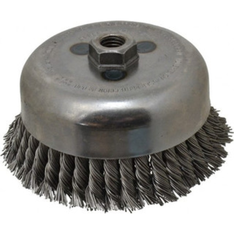 Weiler Abrasives 6 Diam 5/8-11 Threaded Arbor Steel Fill Cup Brush Knotted Wire, 0.035 Wire Diam, 1-3/8 Trim, 6,600 Max RPM 12576 – 75847160