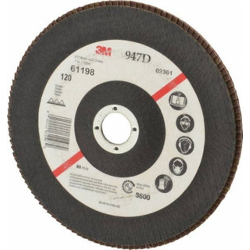 3M 7 120 Grit 7/8 Center Hole Type 27 Ceramic Flap Disc Fine Grade, Coated, Arbor Attachment, Cloth Backing, 8,600 RPM 7100126798 – 05072749