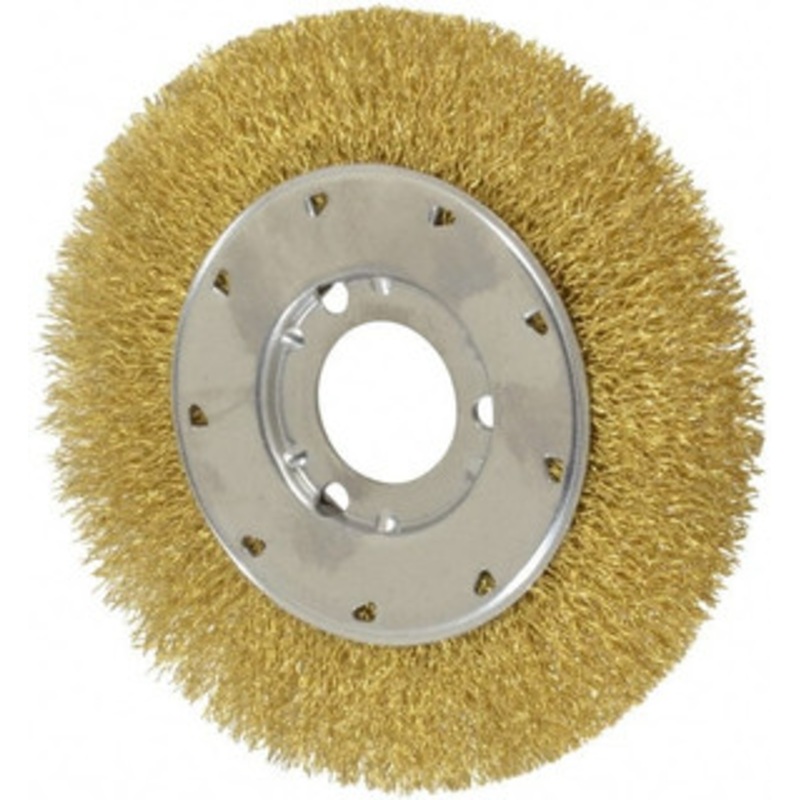 Osborn 6 OD, 1-1/4 Arbor Hole, Crimped Brass Wheel Brush 5/8 Face Width, 1-1/8 Trim Length, 0.014 Filament Diam, 6,000 RPM 0002104600 – 53491353