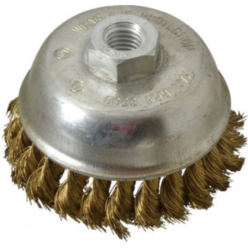 Value Collection 4 Diam 5/8-11 Threaded Arbor Brass Fill Cup Brush Knotted Wire, 0.014 Wire Diam, 7/8 Trim, 8,500 Max RPM 2110058335 – 74038548