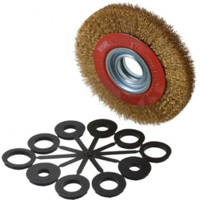 Value Collection 6 OD, 1-1/4 Arbor Hole, Crimped Brass-Coated Steel Wheel Brush 11/16 Face Width, 1-1/8 Trim Length, 0.012 Filament Diam, 6,000 RPM S04064762 – 04064762