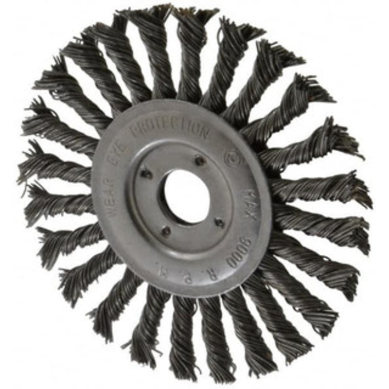 Value Collection 6 OD, 7/8 Arbor Hole, Knotted Steel Wheel Brush 1/2 Face Width, 1-1/2 Trim Length, 0.015 Filament Diam, 9,000 RPM S00651984 – 00651984