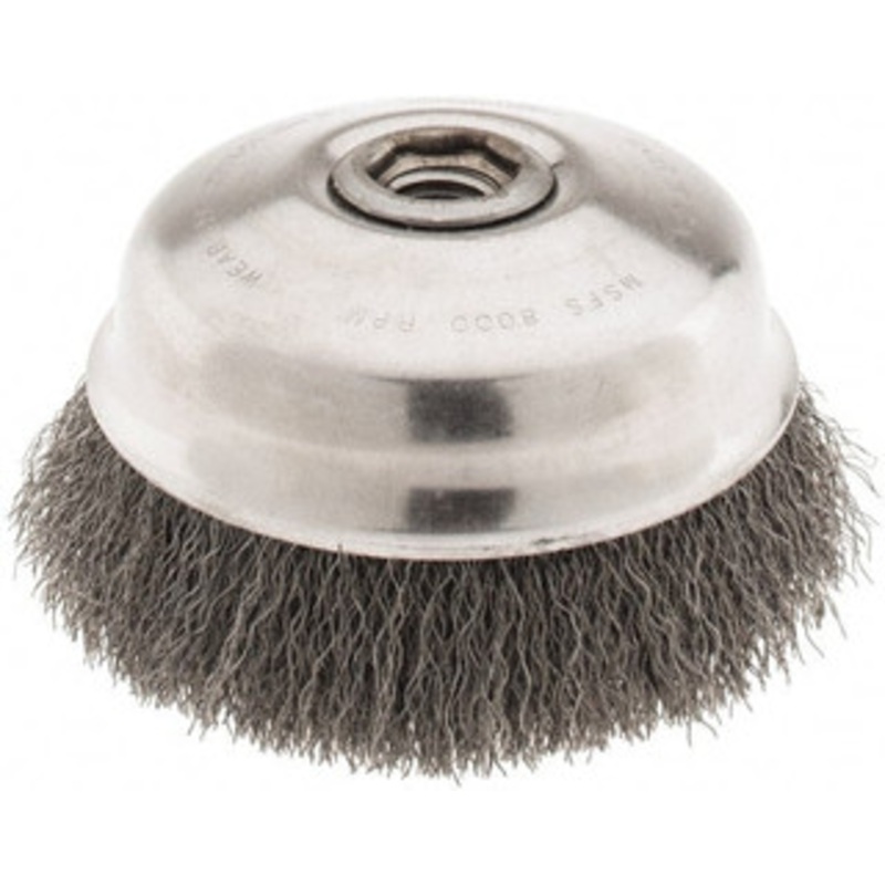 Osborn 5 Diam 5/8-11 Threaded Arbor Steel Fill Cup Brush Crimped Wire, 0.0118 Wire Diam, 1-1/2 Trim, 8,000 Max RPM 0003214100 – 00221408