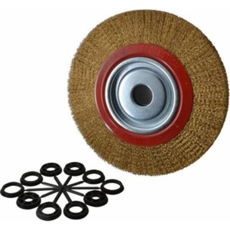 Value Collection 10 OD, 1-1/4 Arbor Hole, Crimped Brass-Coated Steel Wheel Brush 1 Face Width, 1-15/32 Trim Length, 0.012 Filament Diam, 3,000 RPM S04064838 – 04064838