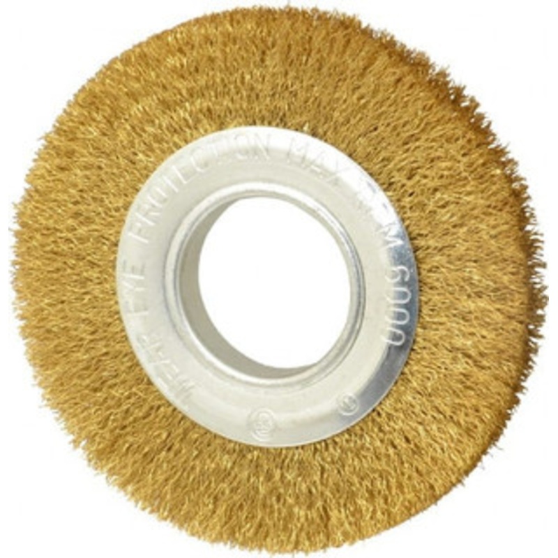 Value Collection 6 OD, 1/4 Arbor Hole, Crimped Brass Wheel Brush 7/8 Face Width, 1-1/8 Trim Length, 0.012 Filament Diam, 6,000 RPM 0315078330 – 74038944