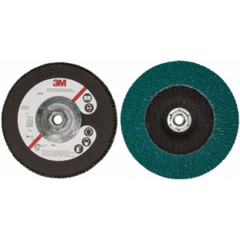 3M 7 40 Grit 5/8-11 Center Hole Type 27 Zirconia Alumina Flap Disc Coarse Grade, Coated, Arbor Attachment, Cloth Backing, 8,600 RPM 7010363146 – 71369854