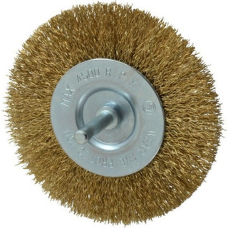 Value Collection 4 OD, 1/4 Shank Diam, Crimped Brass-Coated Steel Wheel Brush 15/32 Face Width, 7/8 Trim Length, 0.015 Filament Diam, 4,500 RPM S04065249 – 04065249