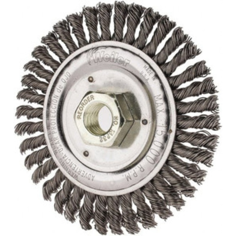 Weiler Abrasives 4-1/2 OD, 5/8 Arbor Hole, Knotted Steel Wheel Brush 3/16 Face Width, 7/8 Trim Length, 0.02 Filament Diam, 12,500 RPM 94051 – 35501147