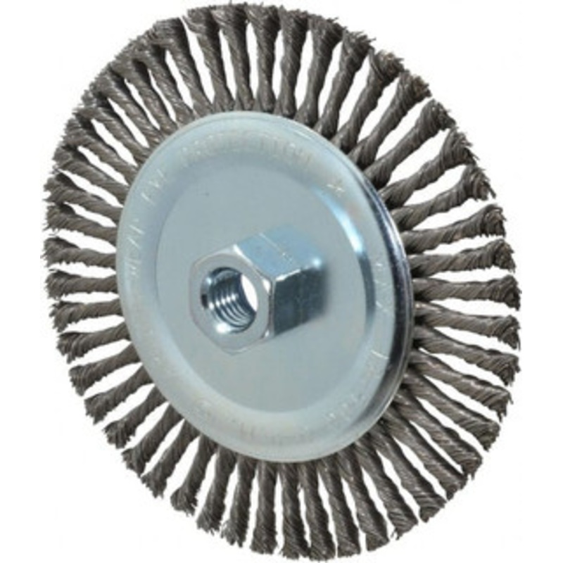 Weiler Abrasives 6 OD, 5/8-11 Arbor Hole, Knotted Steel Wheel Brush 3/16 Face Width, 1-3/8 Trim Length, 0.02 Filament Diam, 12,500 RPM 94661 – 03597366