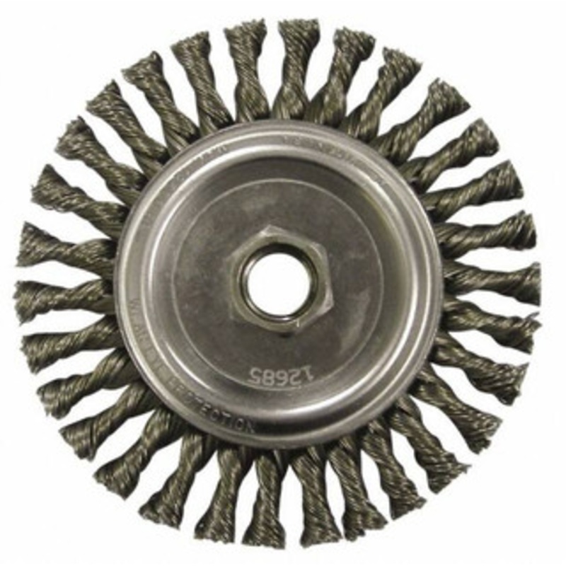 Anderson Products 4-1/2 OD, M10x1.25 Arbor Hole, Knotted Steel Wheel Brush 1/4 Face Width, 13/16 Trim Length, 0.02 Filament Diam, 12,500 RPM 12650 – 00354522