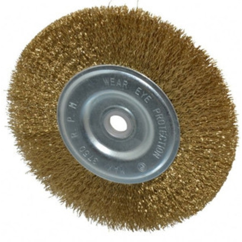 Value Collection 6 OD, 5/8 Arbor Hole, Crimped Brass-Coated Steel Wheel Brush 11/16 Face Width, 1-3/8 Trim Length, 0.012 Filament Diam, 6,000 RPM S04065140 – 04065140