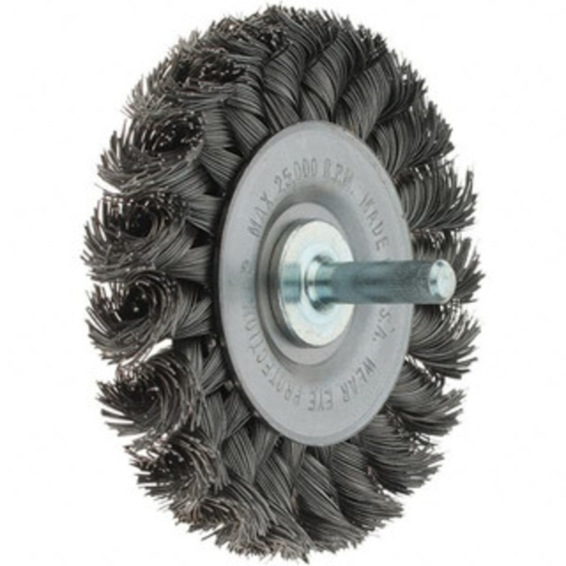 Weiler Abrasives 3 OD, 1/4 Shank Diam, Knotted Steel Wheel Brush 3/8 Face Width, 5/8 Trim Length, 0.014 Filament Diam, 25,000 RPM 94851 – 64713217