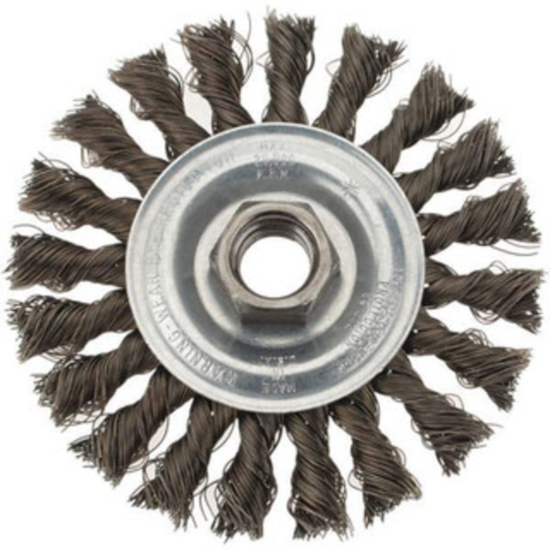 Weiler Abrasives 4 OD, 5/8-11 Arbor Hole, Knotted Steel Wheel Brush 3/8 Face Width, 7/8 Trim Length, 0.014 Filament Diam, 20,000 RPM 94849 – 64705049