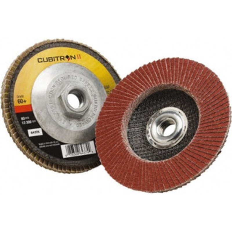 3M 4-1/2 60 Grit 5/8-11 Center Hole Type 27 Ceramic Flap Disc Medium Grade, Coated, Arbor Attachment, Polyester Backing, 13,300 RPM 7100104926 – 32324964