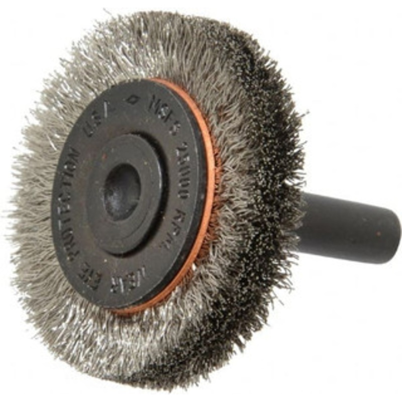 Osborn 1-1/2 OD, 1/4 Shank Diam, Crimped Stainless Steel Wheel Brush 3/8 Face Width, 9/32 Trim Length, 0.006 Filament Diam, 25,000 RPM 0001144700 – 06082168