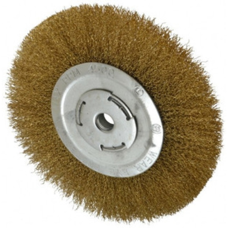 Value Collection 8 OD, 5/8 Arbor Hole, Crimped Brass Wheel Brush 1 Face Width, 1-3/4 Trim Length, 0.014 Filament Diam, 4,500 RPM 0320012335 – 74039033