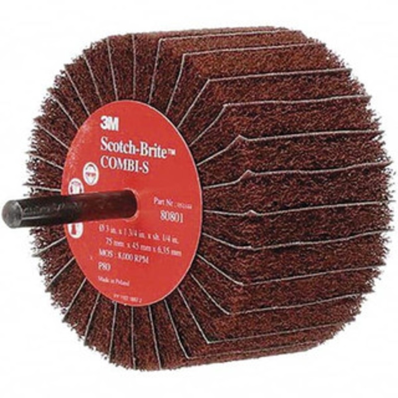 3M 3 Diam x 1-3/4 Face Width, Medium Aluminum Oxide Coated Mounted Flap Wheel 1/4 Shank Mount, 80 Grit, X Weighted Backing, 7,500 Max RPM 7000077965 – 00380790