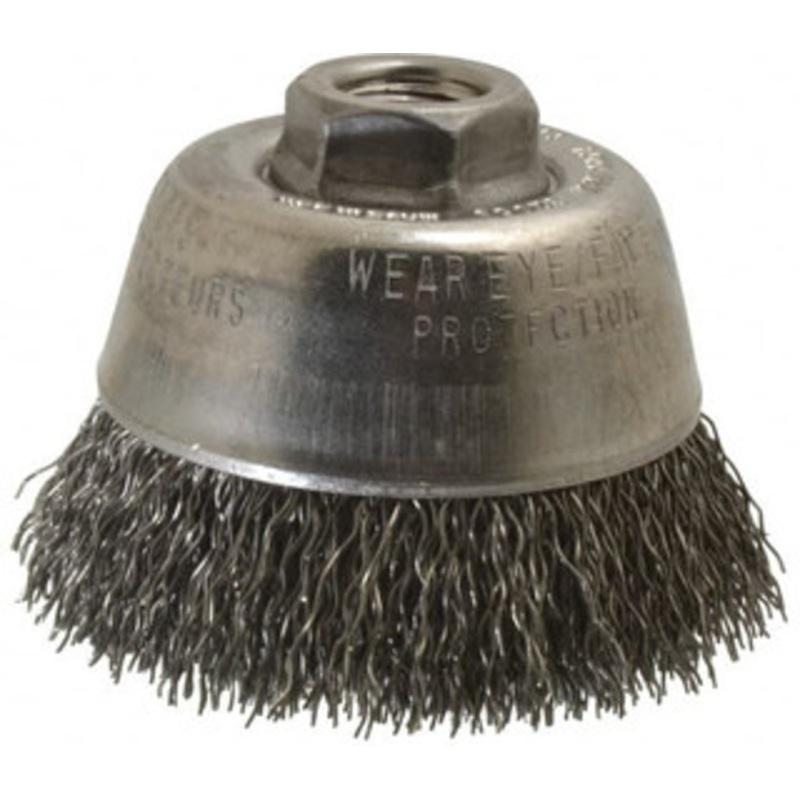 Osborn 3-1/2 Diam 5/8-11 Threaded Arbor Steel Fill Cup Brush Crimped Wire, 0.02 Wire Diam, 1 Trim, 7,500 Max RPM 0003205600 – 00221382