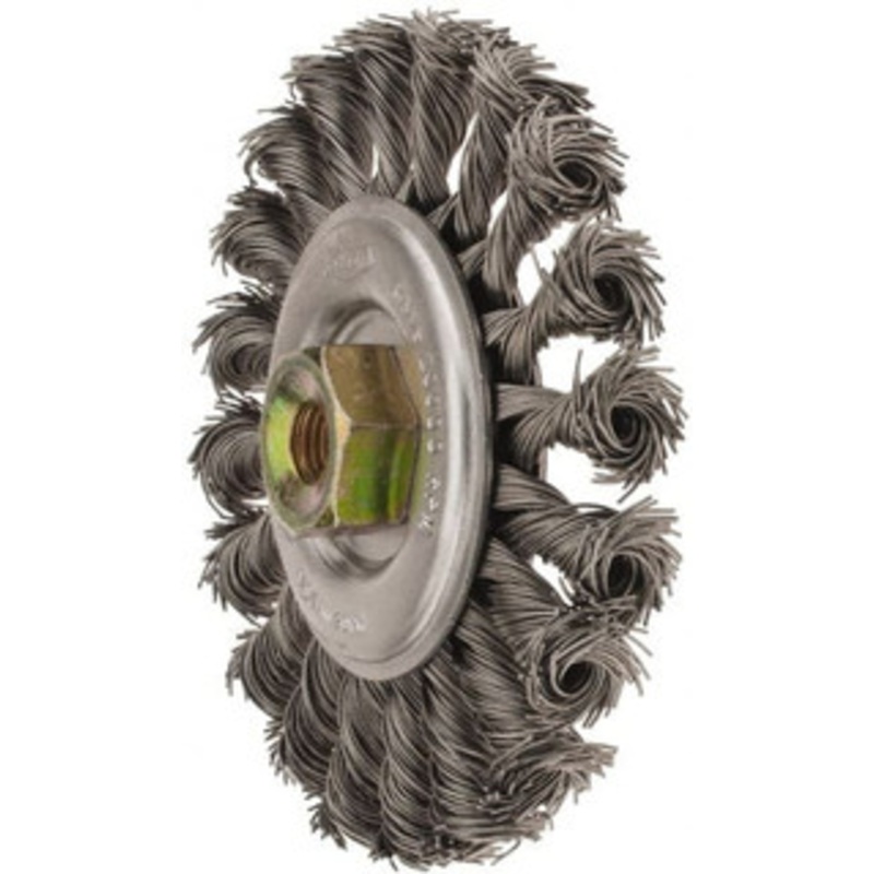 Osborn 4 OD, M10x1.25 Arbor Hole, Knotted Steel Wheel Brush 3/8 Face Width, 7/8 Trim Length, 0.02 Filament Diam, 20,000 RPM 0002670700 – 06082630