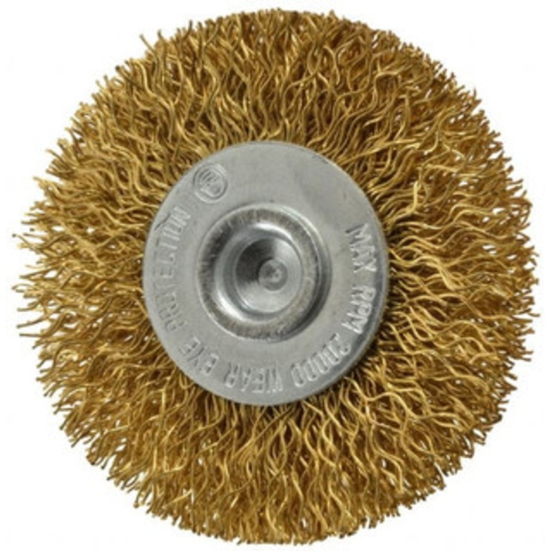 Value Collection 2 OD, 1/4 Shank Diam, Crimped Brass Wheel Brush 5/16 Face Width, 1/2 Trim Length, 0.014 Filament Diam, 20,000 RPM 53050063351 – 74038688