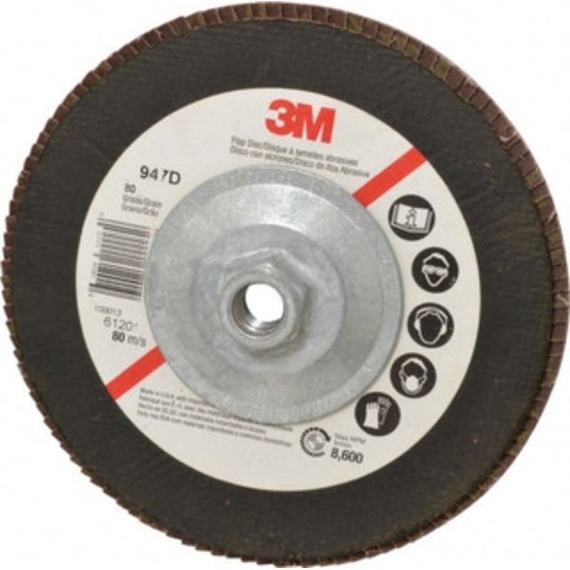 3M 7 80 Grit 5/8-11 Center Hole Type 27 Ceramic Flap Disc Medium Grade, Coated, Arbor Attachment, Cloth Backing, 8,600 RPM 7000118486 – 05072772