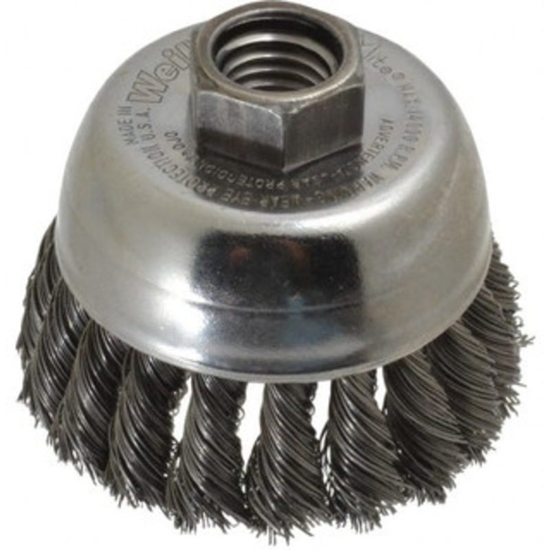 Weiler Abrasives 2-3/4 Diam 5/8-11 Threaded Arbor Steel Fill Cup Brush Knotted Wire, 0.014 Wire Diam, 7/8 Trim, 14,000 Max RPM 94681 – 03597812