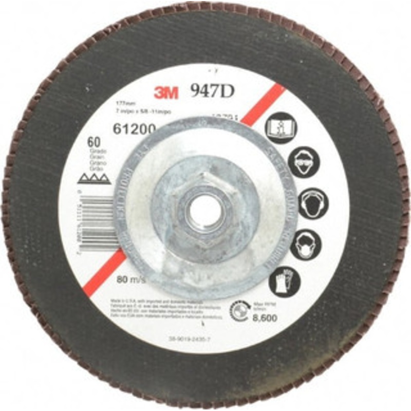 3M 7 60 Grit 5/8-11 Center Hole Type 27 Ceramic Flap Disc Medium Grade, Coated, Arbor Attachment, Cloth Backing, 8,600 RPM 7010325741 – 05072764