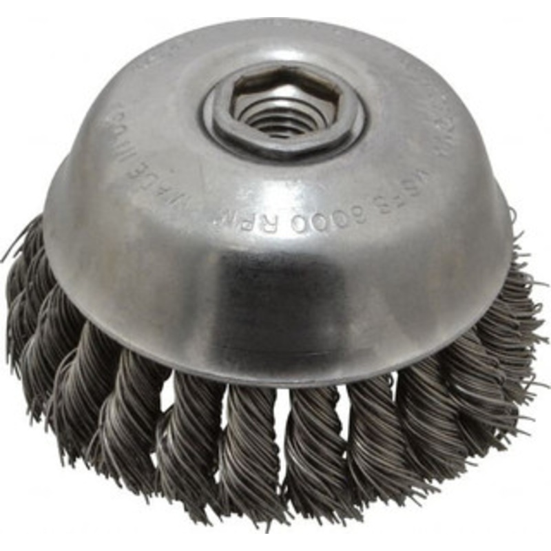Osborn 4 Diam 5/8-11 Threaded Arbor Steel Fill Cup Brush Knotted Wire, 0.025 Wire Diam, 1-1/4 Trim, 6,000 Max RPM 0003357500 – 00221903