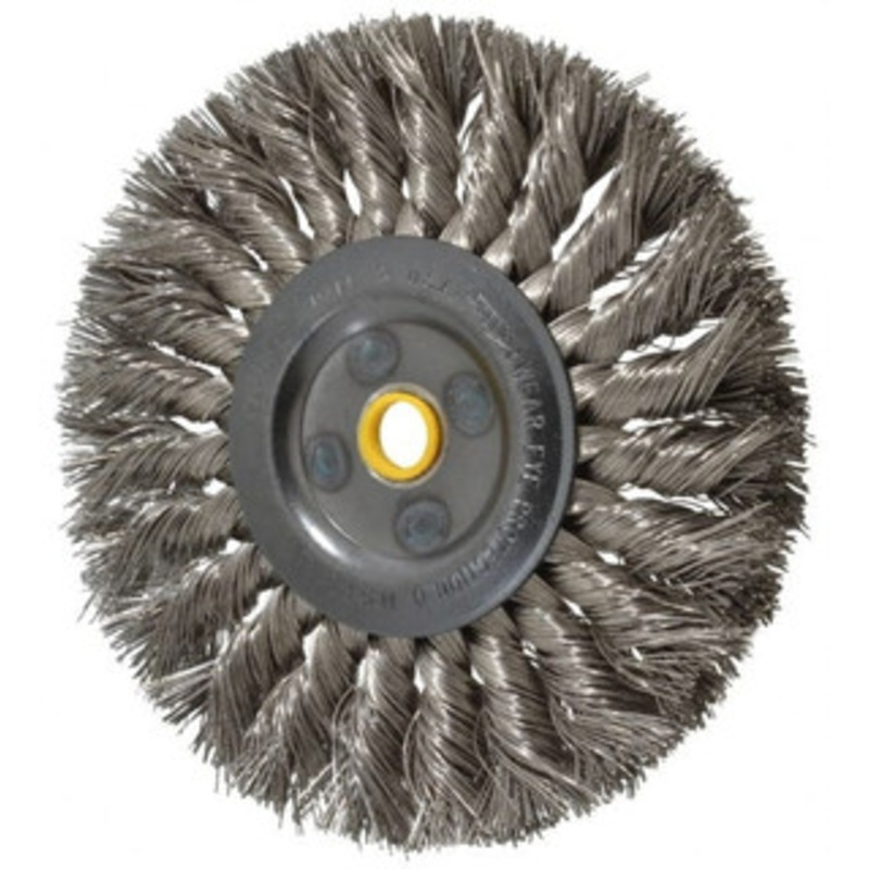 Osborn 6 OD, 5/8 Arbor Hole, Knotted Stainless Steel Wheel Brush 1/2 Face Width, 1-1/2 Trim Length, 0.016 Filament Diam, 9,000 RPM 0002675800 – 06083141