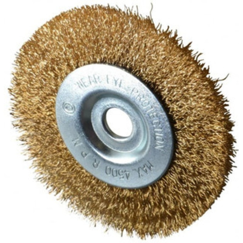 Value Collection 4 OD, 1/2 Arbor Hole, Crimped Brass-Coated Steel Wheel Brush 1/2 Face Width, 7/8 Trim Length, 0.012 Filament Diam, 4,500 RPM S04065082 – 04065082