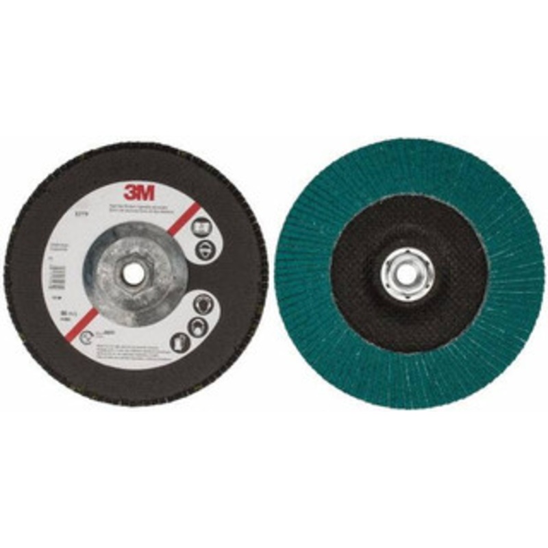 3M 7 60 Grit 5/8-11 Center Hole Type 27 Zirconia Alumina Flap Disc Medium Grade, Coated, Arbor Attachment, Cloth Backing, 8,600 RPM 7010327321 – 71369862