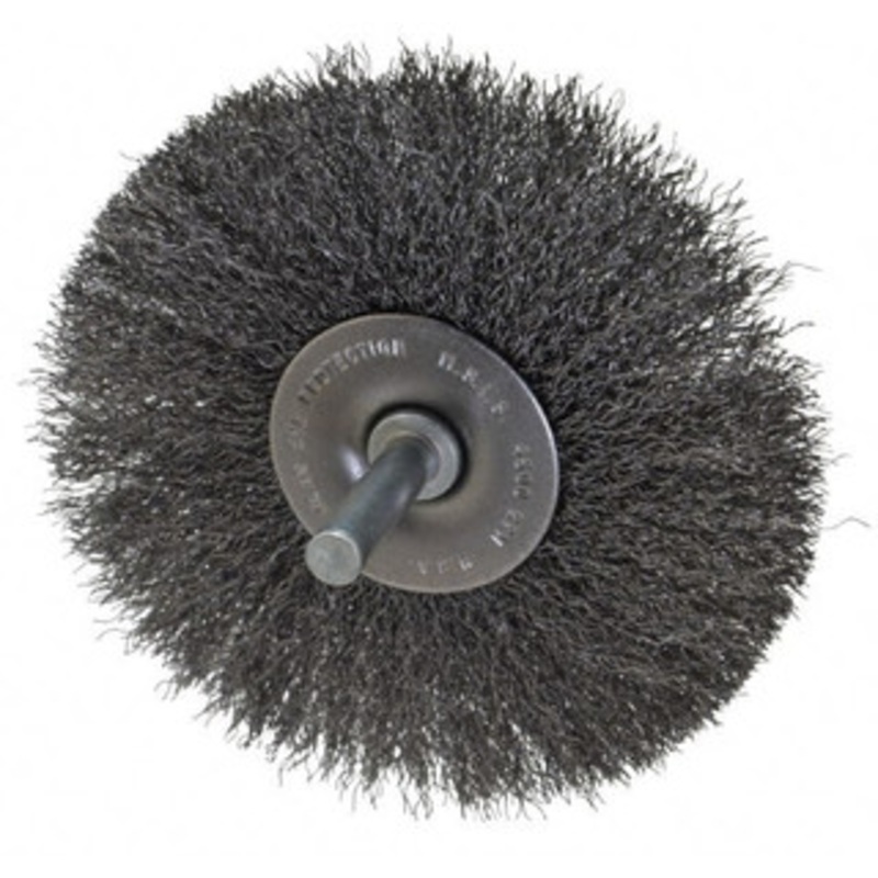 Made in USA 3-1/2 OD, 1/4 Shank Diam, Crimped Steel Wheel Brush 1/4 Face Width, 0.008 Filament Diam, 4,500 RPM PB84026 – 00354100