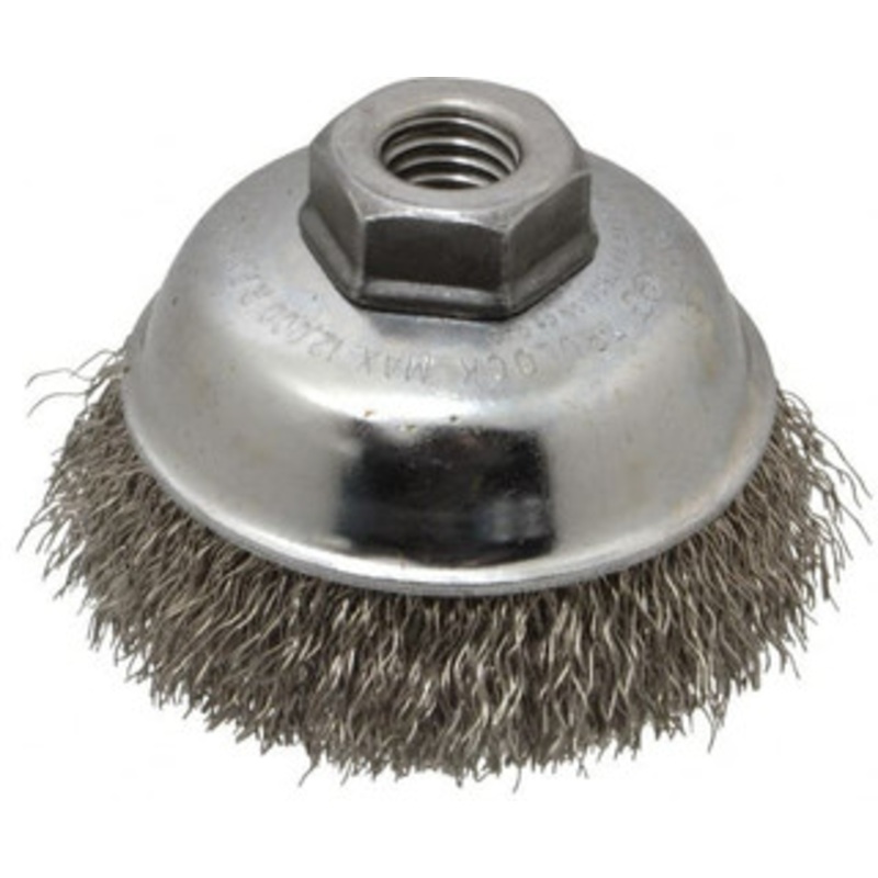 Weiler Abrasives 3-1/2 Diam 5/8-11 Threaded Arbor Stainless Steel Fill Cup Brush Crimped Wire, 0.014 Wire Diam, 7/8 Trim, 12,000 Max RPM 93650 – 03597697