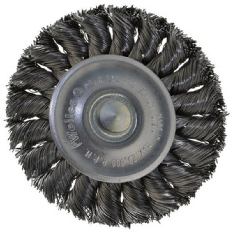 Weiler Abrasives 3-1/4 OD, 1/4 Shank Diam, Knotted Steel Wheel Brush 3/8 Face Width, 5/8 Trim Length, 0.014 Filament Diam, 25,000 RPM 17681 – 75850024