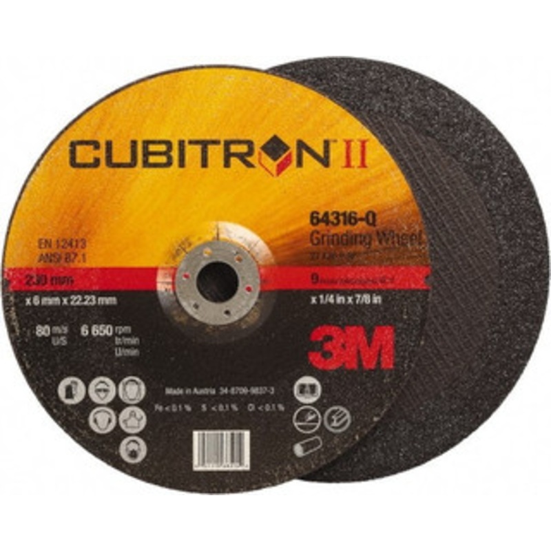 3M 36 Grit, 9 Wheel Diam, 1/4 Wheel Thickness, 7/8 Arbor Hole, Type 27 Depressed Center Wheel Coarse Grade, Ceramic, Resinoid Bond, Q Hardness, 6,650 Max RPM, Compatible with Angle Grinder 7100094063 – 35191220
