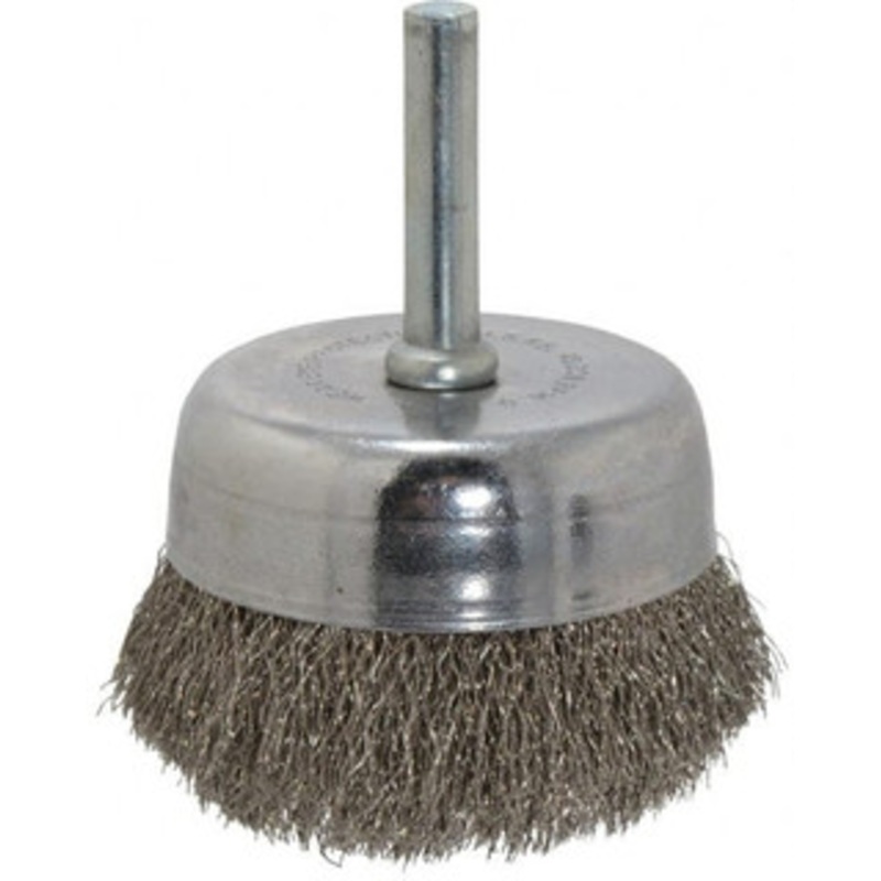 Made in USA 2-1/4 Diam 1/4 Shank Stainless Steel Fill Cup Brush Crimped Wire, 0.008 Wire Diam, 5/8 Trim, 13,000 Max RPM PB33450 – 03541406