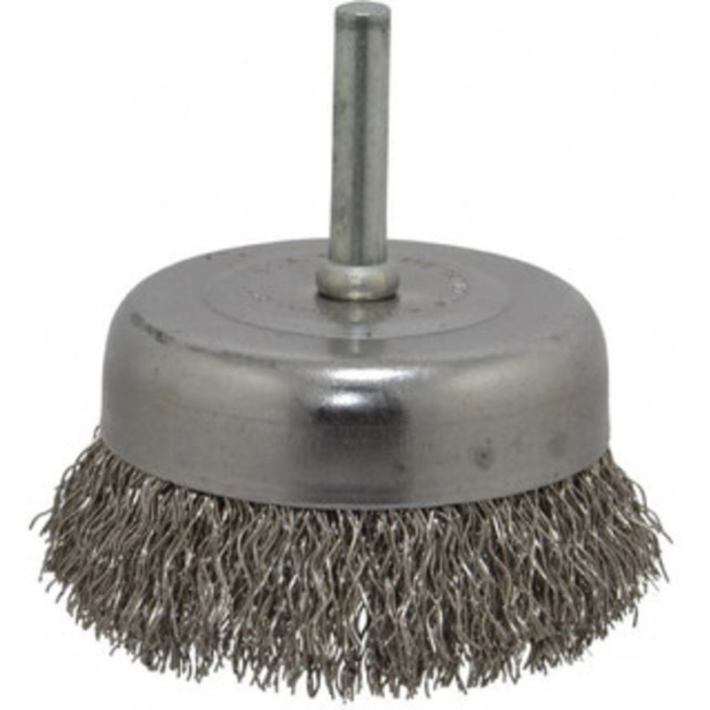 Made in USA 2-3/4 Diam 1/4 Shank Stainless Steel Fill Cup Brush Crimped Wire, 0.014 Wire Diam, 7/8 Trim, 13,000 Max RPM PB33620 – 03541521
