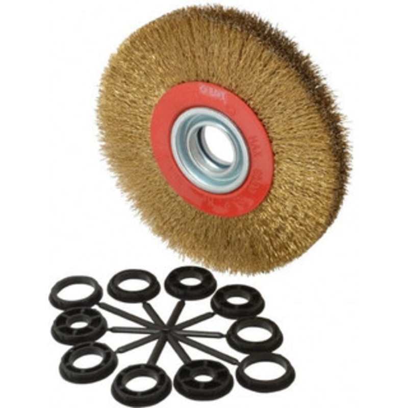 Value Collection 7 OD, 1-1/4 Arbor Hole, Crimped Brass-Coated Steel Wheel Brush 1 Face Width, 1-1/2 Trim Length, 0.014 Filament Diam, 6,000 RPM S04064655 – 04064655
