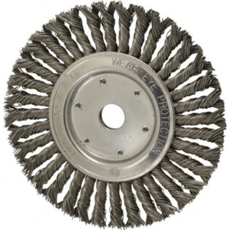 Value Collection 8 OD, 7/8 Arbor Hole, Knotted Steel Wheel Brush 1/2 Face Width, 1-11/16 Trim Length, 0.03 Filament Diam, 8,500 RPM S00652040 – 00652040