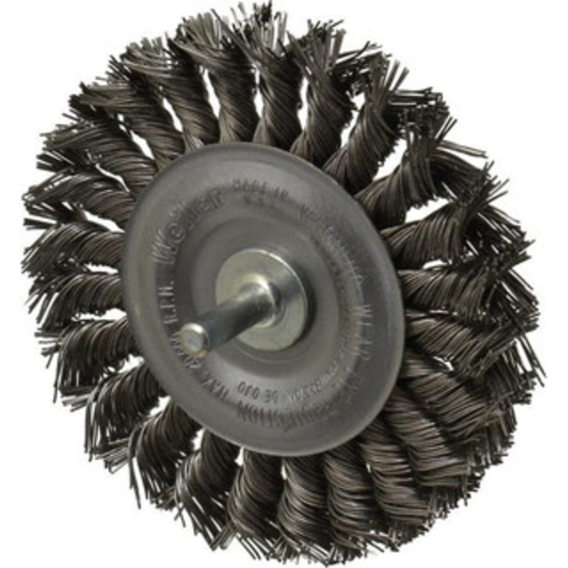 Weiler Abrasives 4 OD, 1/4 Shank Diam, Knotted Steel Wheel Brush 1/2 Face Width, 7/8 Trim Length, 0.02 Filament Diam, 20,000 RPM 17689 – 75850065