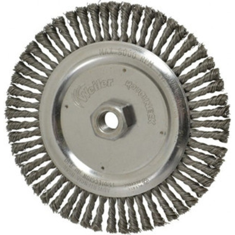 Weiler Abrasives 6-7/8 OD, 5/8-11 Arbor Hole, Knotted Steel Wheel Brush 3/16 Face Width, 1-1/8 Trim Length, 0.02 Filament Diam, 9,000 RPM 94666 – 03597416