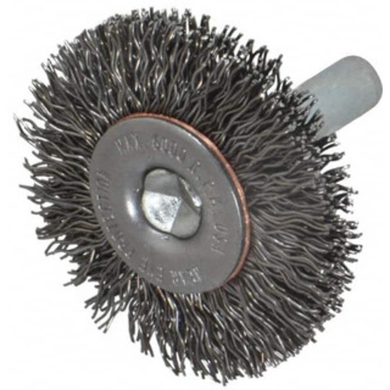 Made in USA 1-1/2 OD, 1/4 Shank Diam, Crimped Steel Wheel Brush 1/4 Face Width, 0.014 Filament Diam, 6,000 RPM PB84015 – 00354019
