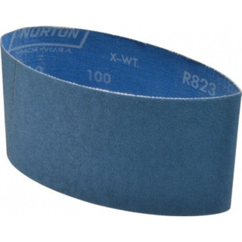 Norton 3-1/2 Wide x 15-1/2 OAL, 100 Grit, Zirconia Alumina Abrasive Belt Zirconia Alumina, Fine, Coated, X Weighted Cloth Backing, Series R823 78072772454 – 82115163