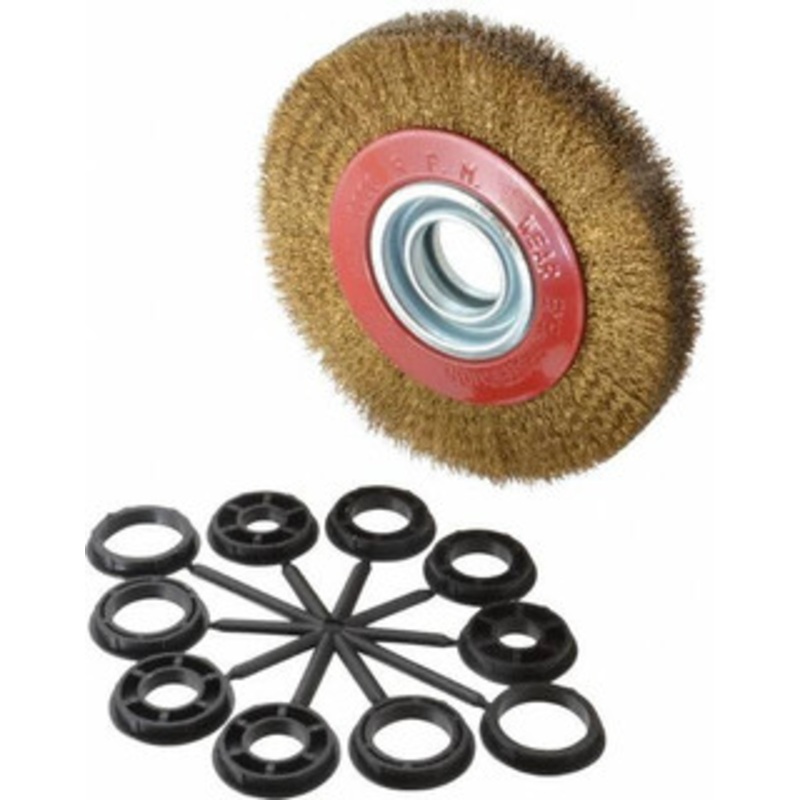 Value Collection 6 OD, 1-1/4 Arbor Hole, Crimped Brass-Coated Steel Wheel Brush 1 Face Width, 1-1/8 Trim Length, 0.012 Filament Diam, 6,000 RPM S04064770 – 04064770