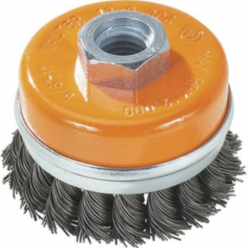 Walter Surface Technologies 4 Diam 5/8-11 Threaded Arbor Steel Fill Cup Brush Knotted Wire, 0.02 Wire Diam, 8,600 Max RPM 13G404 – 41192980